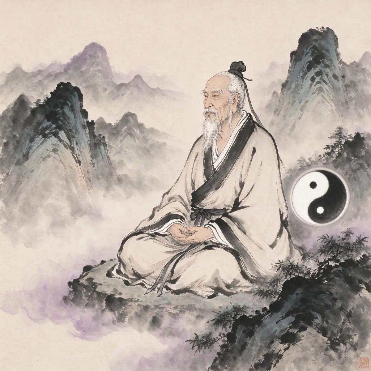 Ink-style illustration of a Taoist sage among mountains and water